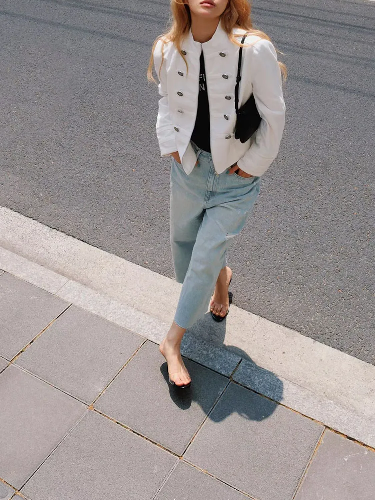 

Spring 2026 Women's Fashion Versatile Long Sleeve Stand Collar Button Detail Zipper Suit Jacket New Arrival Short Outerwear