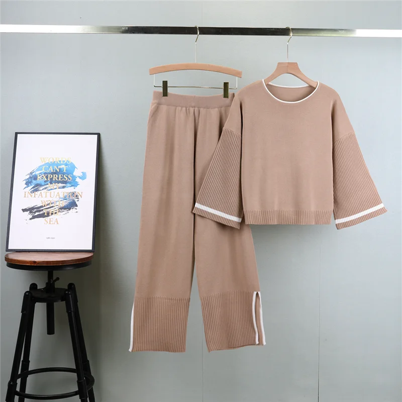 女性用ルーズニットセーターとパンツセット,カジュアルセーター,長袖トップス,伸縮性,エレガント,秋冬
