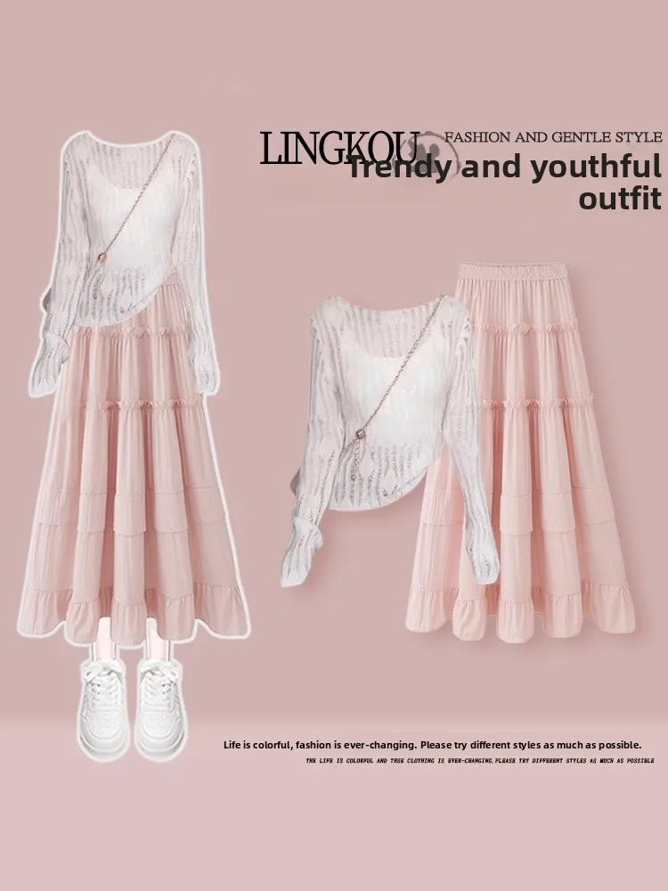 

Soft Knitted Three-Piece Set Women's High Waist Halter Neck Skirt Long Sleeve round Neck T-Shirt Casual Elegant Style
