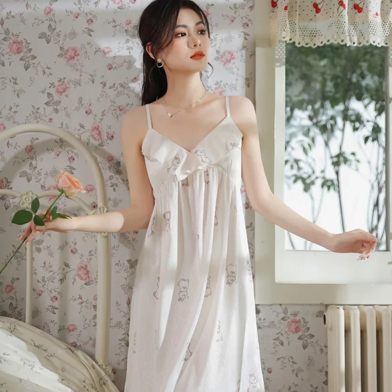 

Fairy Apricot Nightwear Women Satin Sling Sleepwear Sleeveless Slip Dress Casual Nightgown Summer Print Ice Silk Night Dress