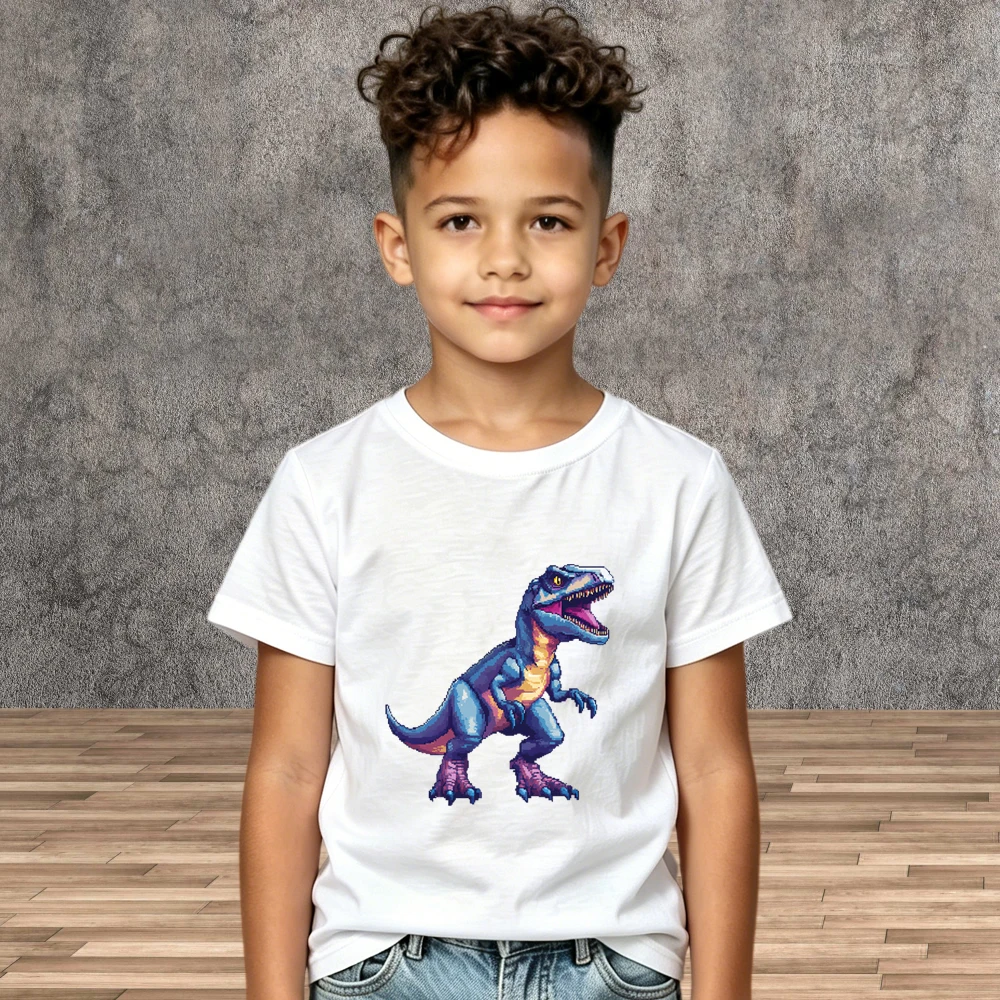 School Daily Boys Dinosaur Pattern Cotton Tee Children Casual Short Sleeve Tees