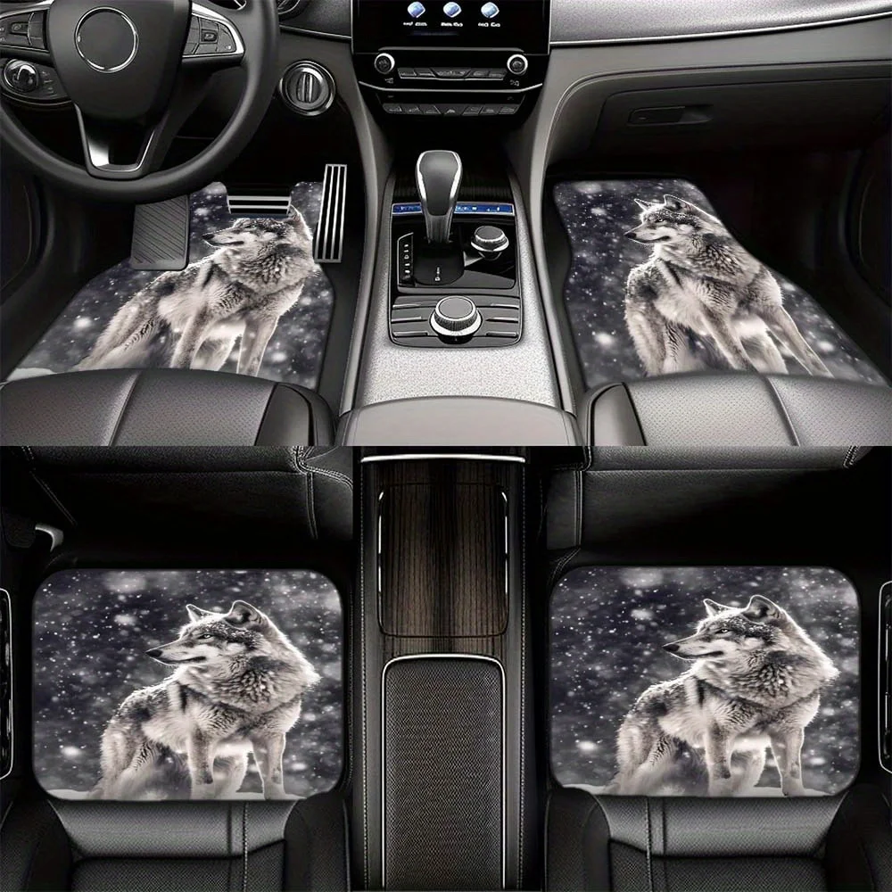 1pc/2pcs/4pcs Polyester Snow Wolf Printed Car Floor Mats Front & Rear Protector Floor Pads, Auto Interior Accessories, For Auto,