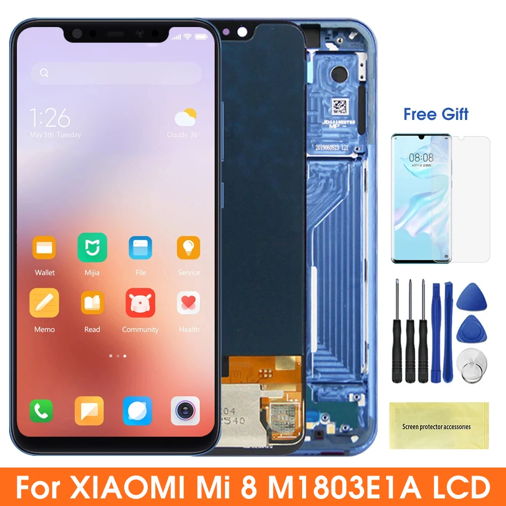 Super AMOLED Mi 8 Screen Replacement, for Xiaomi Mi 8 LCD Display Digital Touch Screen with Frame Assembly for Mi8 M1803E1A