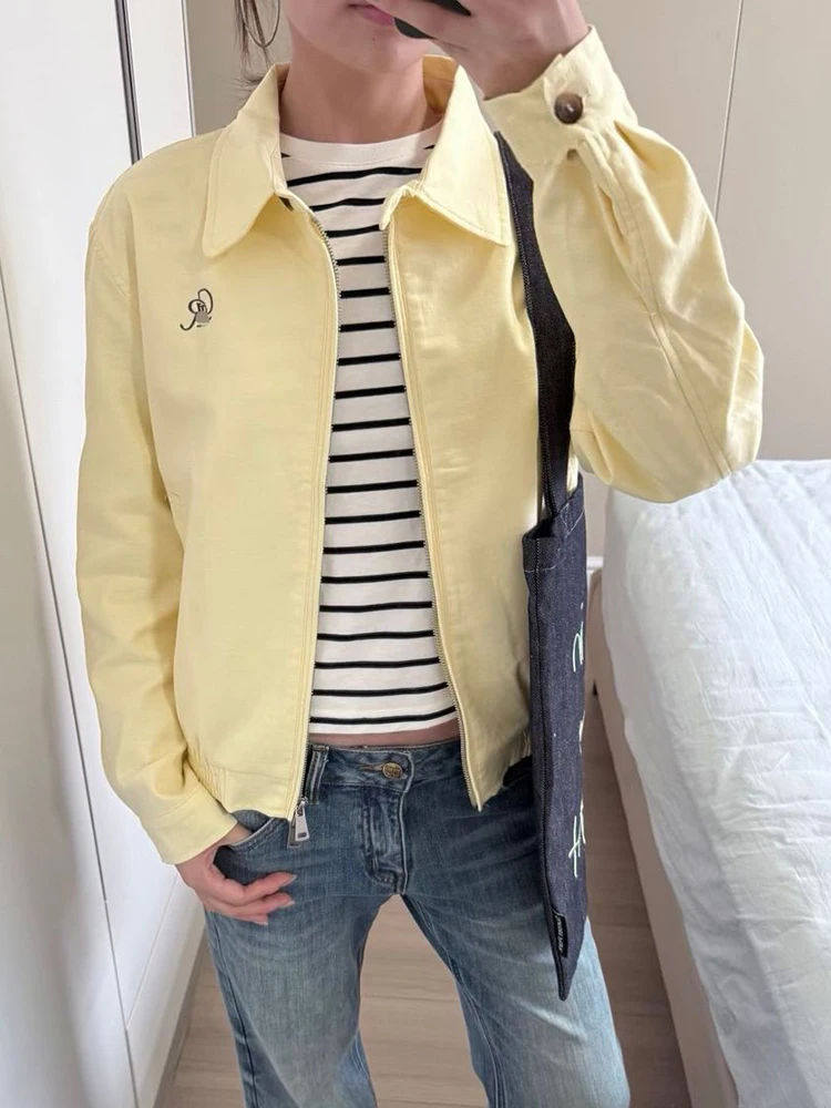 Retro American Yellow Cargo Jacket Women Fall Streetwear Long Sleeve Y2K Coat Harajuku Casual Vintage Long Sleeve Zipper Tops