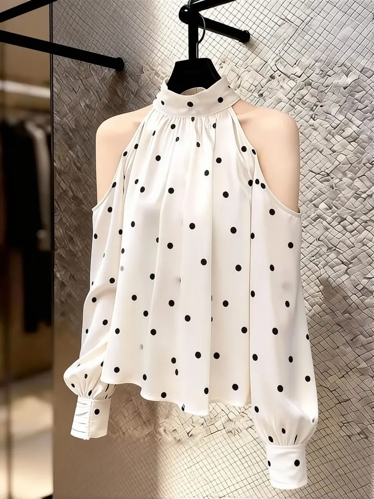Luxury French Off Shoulder Top Women Puff Long sleeve Halter Neck Elegant Casual Chiffon Blouse Basic Loose Sexy New