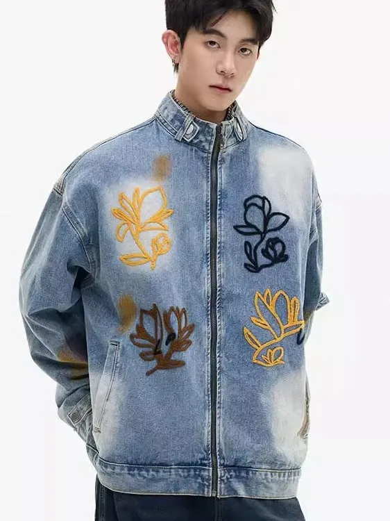 

Американский джинсовый джинсовый тюжет в стиле ретро, свободный повседневный воротник с вышивкой, мужской осенний модный брендовый студенческий универсальный топ из полиэфирного волокна