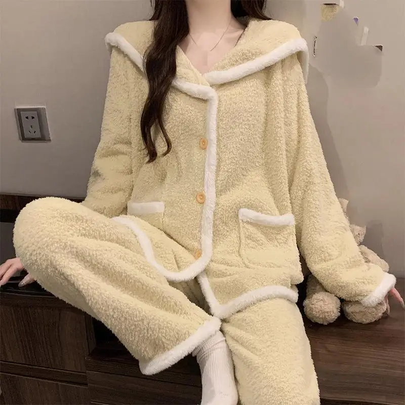 Women's Autumn Winter Thick Coral Fleece Navy Collar Long Sleeved Long Pants Sleepwear Set Warm Home Clothes New Two-Piece Set