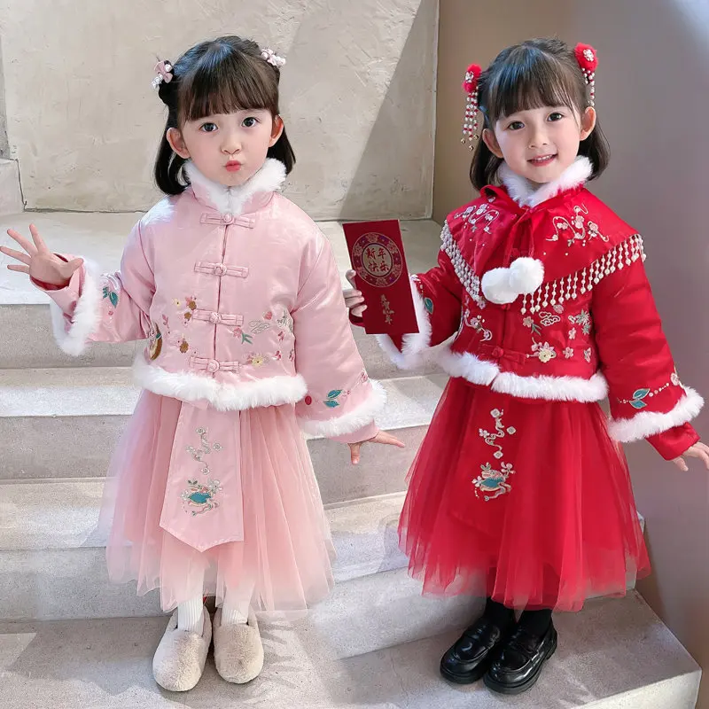 

Winter Cotton Girls Lovely Chinese New Year Dress Children Traditional Embroidery Tang Suit Kids Thick And Quilted Ancient Hanfu