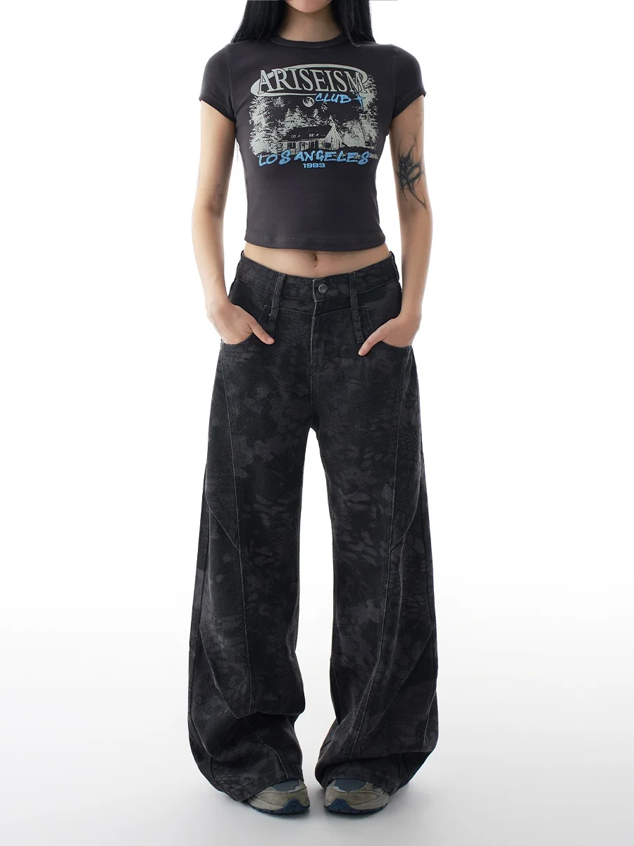 

Широкие брюки с высокой талией в стиле ретро, женская рабочая одежда, джинсовые джинсы с принтом Bla ey, американские осенние новые брюки Faion