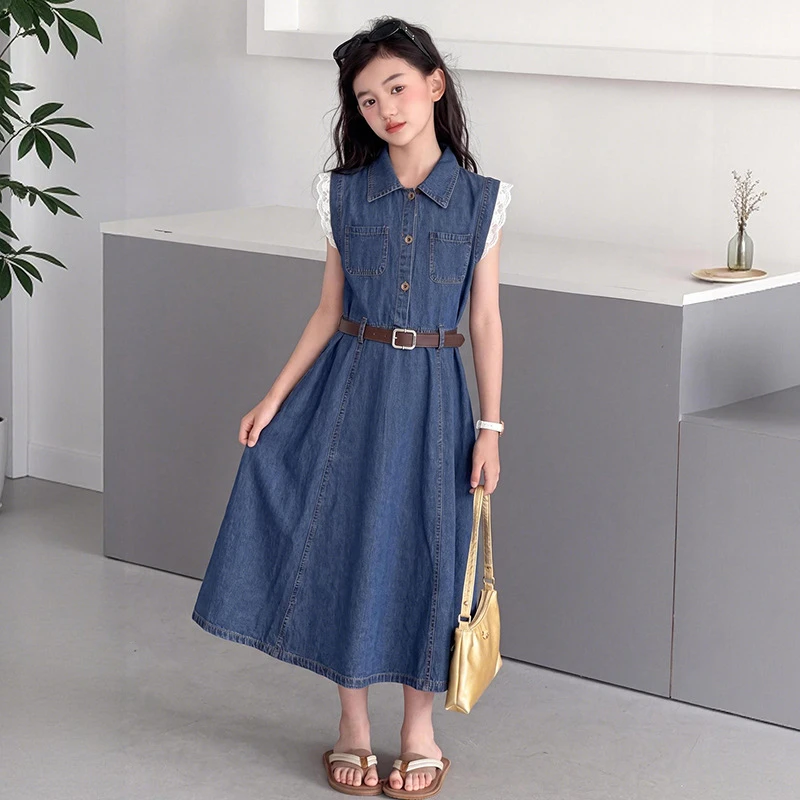 Streetwear Girls Sleeveless Long Denim Dress with Belt for Children Casual Summer Clothes Kids Retro Blue Patchwork Lace Dresses