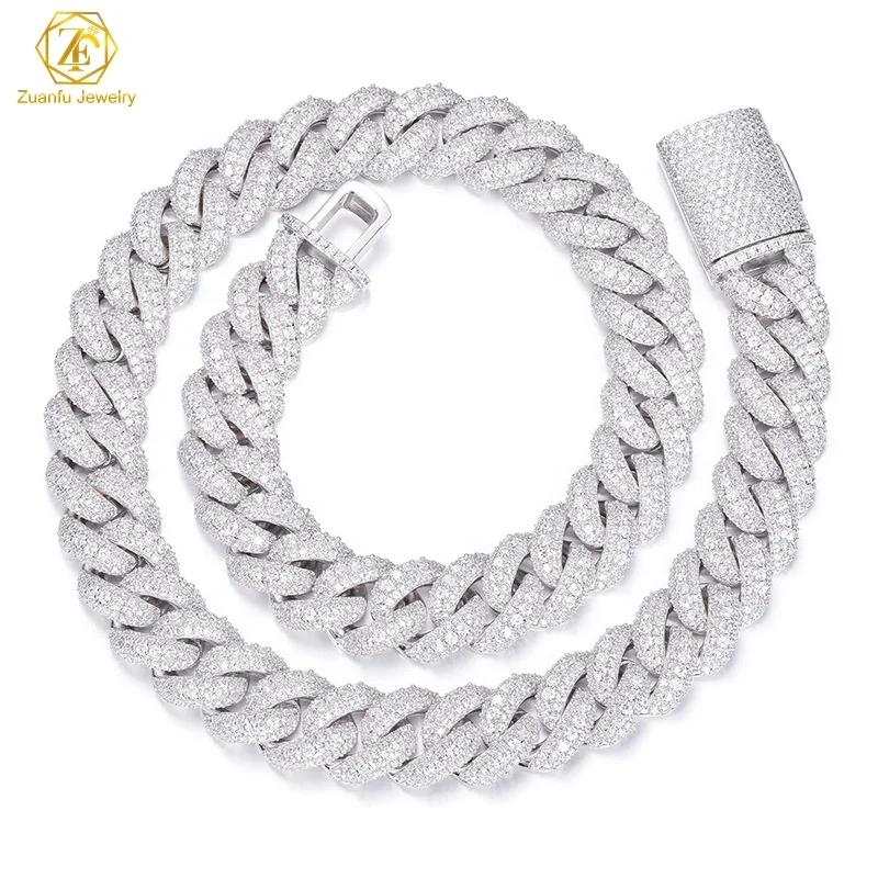 Fine Jewelry Iced Out Mens Necklace 15mm 18inches 3 Rows Moissanite Hip Hop Jewelry 925 Silver Yellow Gold Plated Cuban Chain