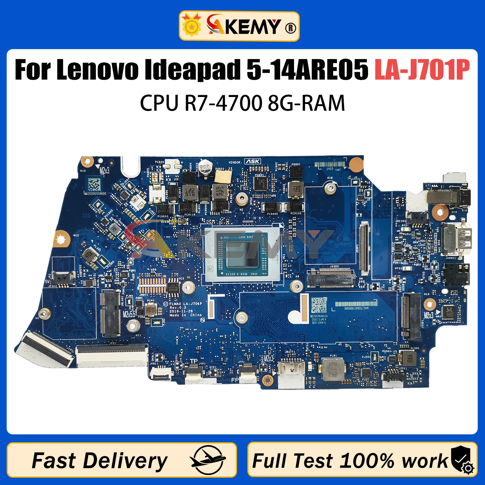 AKEMY LA-J701P Mainboard For Lenovo Ideapad 5-14ARE05 Laptop Motherboard With AMD R7-4700 CPU 8G-RAM,100% test OK