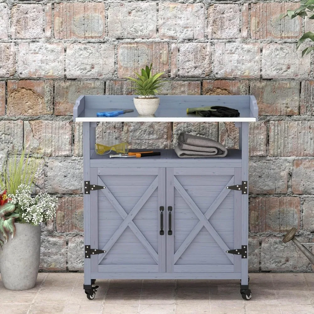 

Outdoor Wooden Potting Bench Table, Garden Workstation with Storage Cabinet, Aluminum Table Top, Rubber Wheels for, Customized