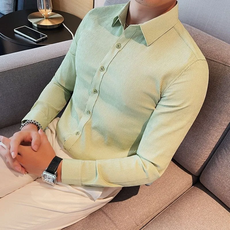 Men's Clothing Spring and Autumn high quality Wave Pattern Design Slim-fit Handsome Casual Klein Blue Long-sleeved Shirt