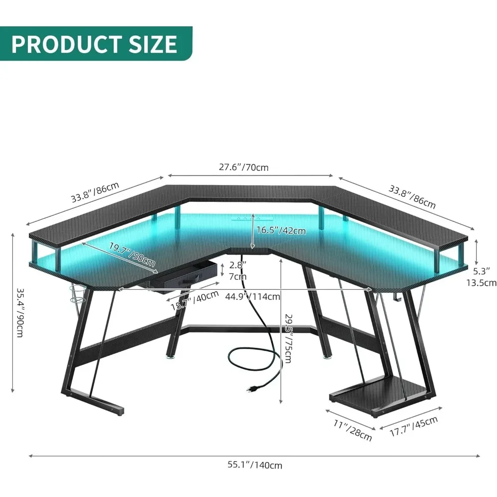 L Shaped Gaming Desk with LED Lights & Power Outlets, 55