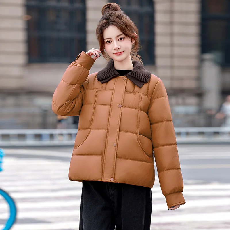 Warm Cotton Padded Jacket Women Short Winter Coat Casual Knit Lapel Collar Outerwear Quilted Chic Tops Parkas Female Outerwear