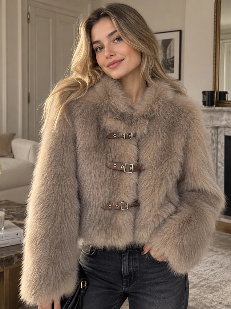 Women Y2k Luxury Fluffy Faux Fur Cropped Jacket Stand Collar Buckle Strap Decor Long Sleeve Elegant Streetwear Warm Outerwear