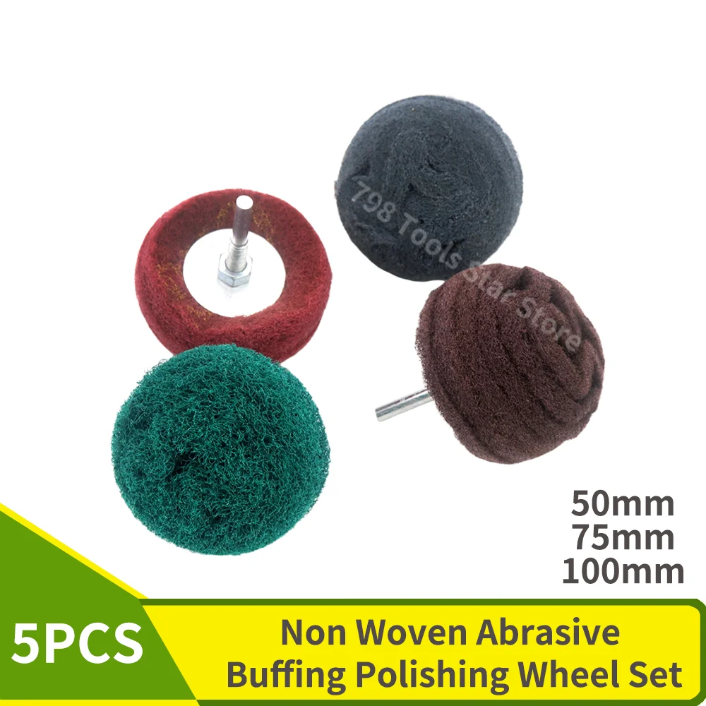 5Pcs Non Woven Abrasive Drill Cleaning Kit Buffing Polishing Wheel Set 6mm Shank 2/3/4 