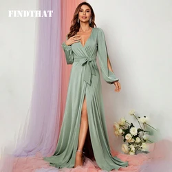 Finden Sie das geteilte Langarm-Maxi kleid mit Gürtel und V-Ausschnitt Brautjungfer kleider elegante A-Linie Satin Seitens chlitz Abend party kleider