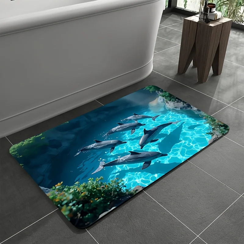 [Summer] 1pc Ocean Theme Dolphin Pattern Bath Mat | Machine Washable, Comfortable , Suitable For Bedroom, Living Room, Bathroo