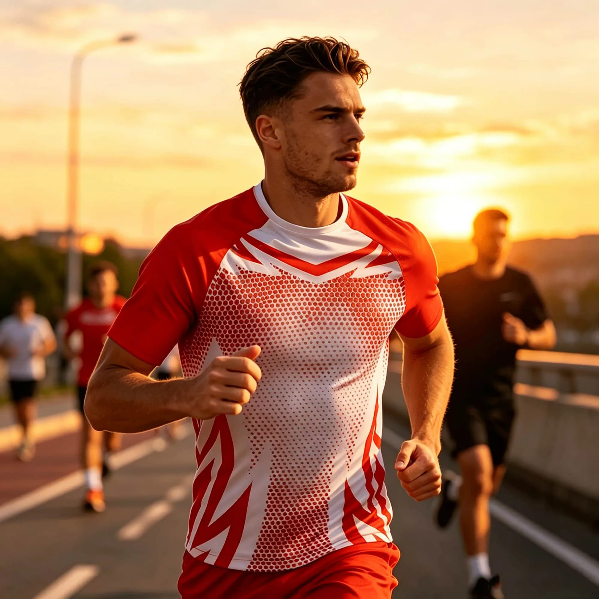 Men Breathable Sport Short Sleeve Tee Red White Abstract Mesh Graphic Print Athletic Top For Running Cycling Team Training