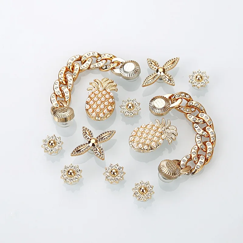 YNPO 12pcs Golden Diamond-encrusted Chain Shoe Charms for DIY Fashion Pineapple and Cross Patterns Sandal Accessories Removable