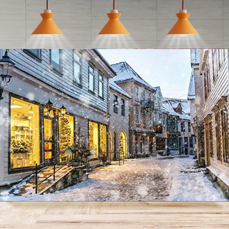 

Merry Christmas Photography Backdrop Town Illuminated Shop Snowing Scene European Small Town Winter Snow View Background Banner