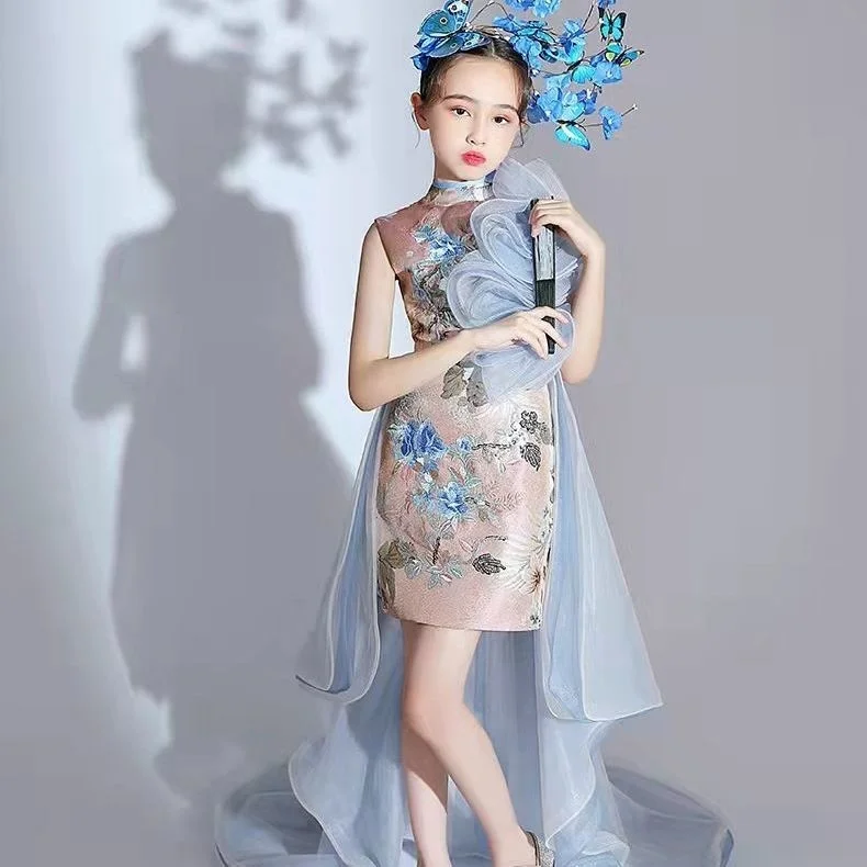 China-Chic Girls' Cheongsam Chinoiserie Style Catwalk Children's Wear Performance Clothes T Stage Fashion Pop Tuxedo Show Dress