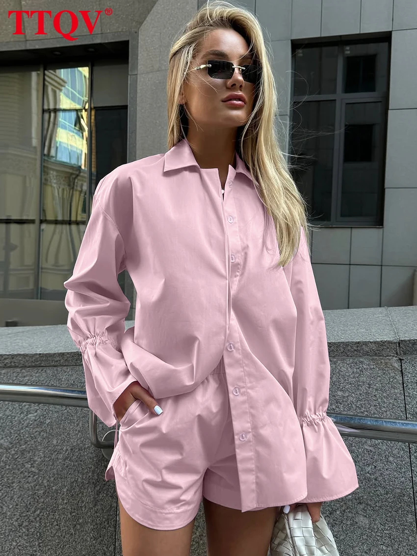 

TTQV Fashion Loose Pink Cotton 2 Piece Set Women 2026 Elegant Long Sleeve Shirt With High Waist Shorts Set Female Clothing