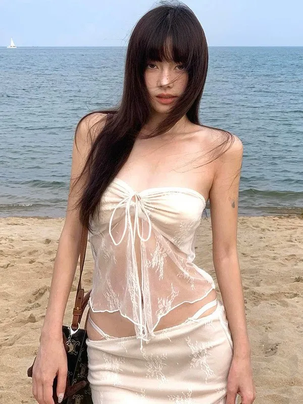 Summer Women's Clothing Sexy Lace Strapless Tankini Swimsuit Set For Woman Three Piece Bikini Sets Bathing Suit Milk Silk