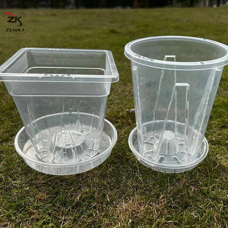 1 Set Clear Plastic Square Plant Pots With Saucer Convenient Design Avoids Water Damage