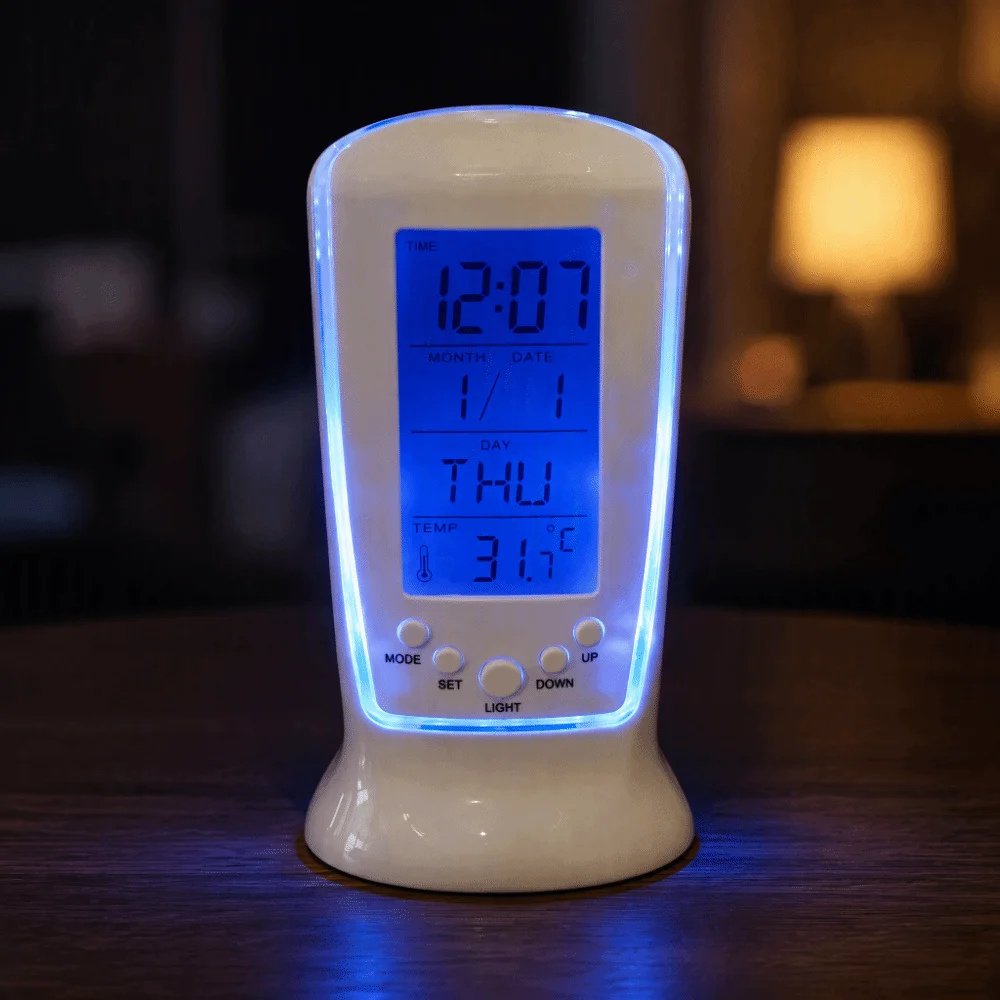 ABS Shell Mini Alarm Clock White Blue Backlight Temperature Display Luminous Alarm Clock Calendar Display Luminous Display