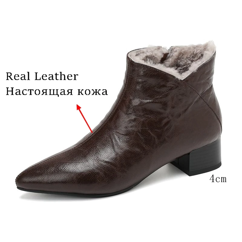 ANOVISHANA Sheep Leather Real Wool Fur Women's Ankle Boots Pointed Toe Zipper Warm Short Botas Shoes Brown Small Big Size 33 43