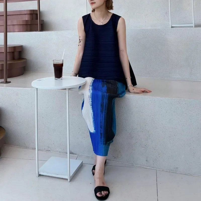 Miyake – robe plissée pour femmes, nouvelle mode rétro, mélange irrégulier imprimé, Tube droit, taille haute, jupe longue, été 2025