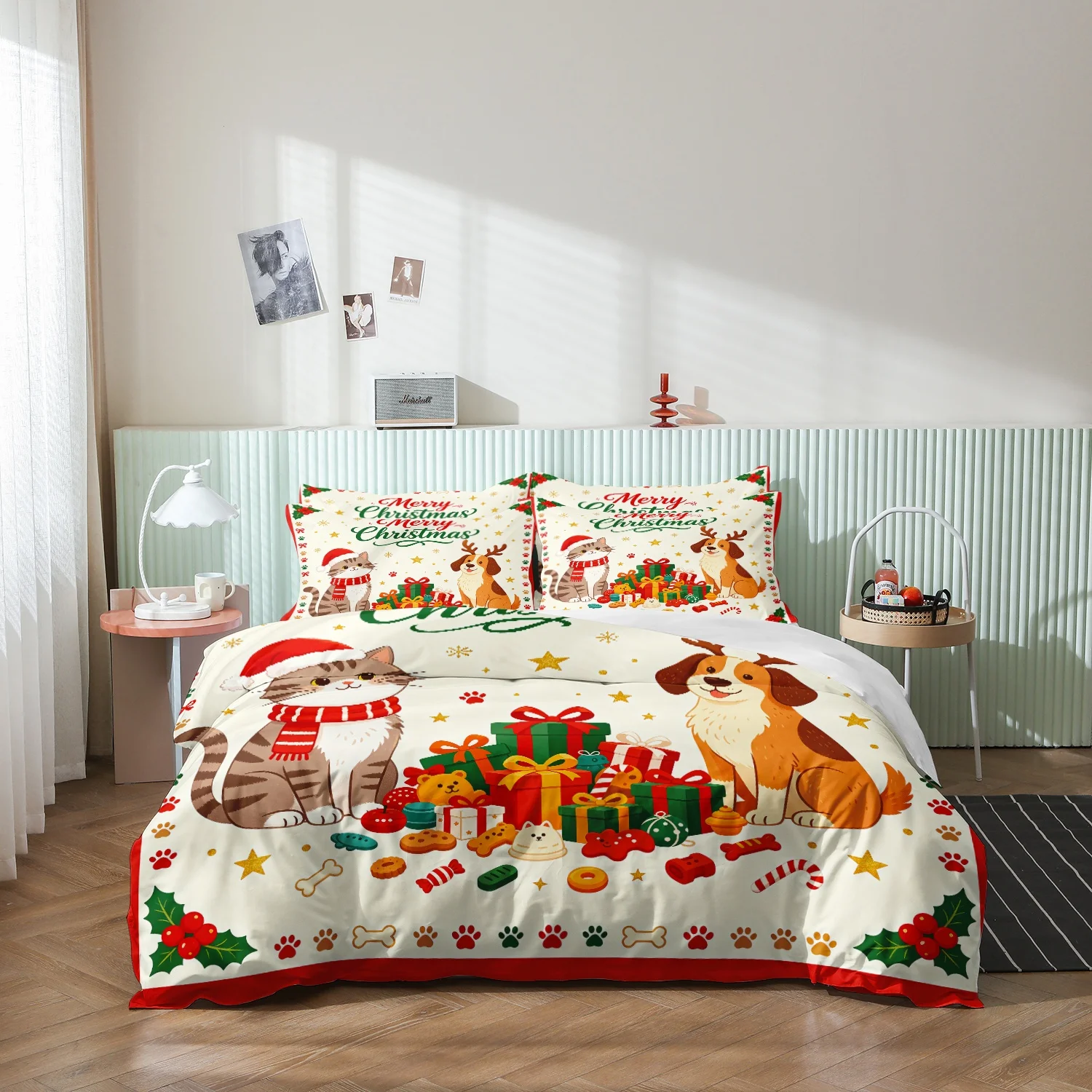 3Pcs Cream White Santa Cat Reindeer Dog Gift Box Paw Print Holly Print Duvet Cover  Set, Cute Christmas Cat & Dog Bedding