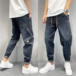 Men's Casual Denim Vintage Washed Loose-Fit Tapered Carrot Pants Autumn Streetwear Embroidered Jeans Baggy Jogger Harem Pants