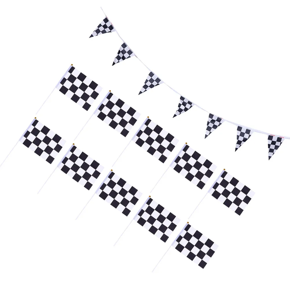

16pcs Racing Flag Set Black White Grid Triangle Banner Car Theme Party Supplies Lightweight Polyester Ideal Decoration