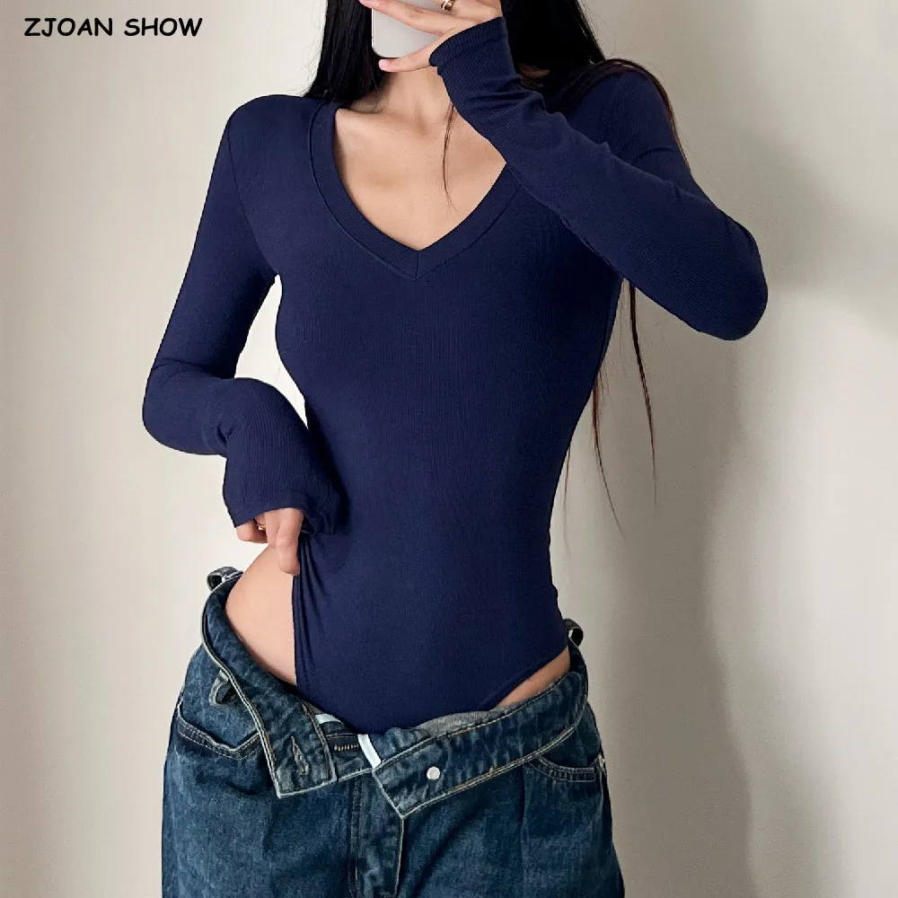 4 Color New Spring Autumn V Neck Rib Long Sleeve Bodysuit Sexy Woman Short Jumpsuit Slim Fit Rompers Bodycon Playsuits Navy Gray