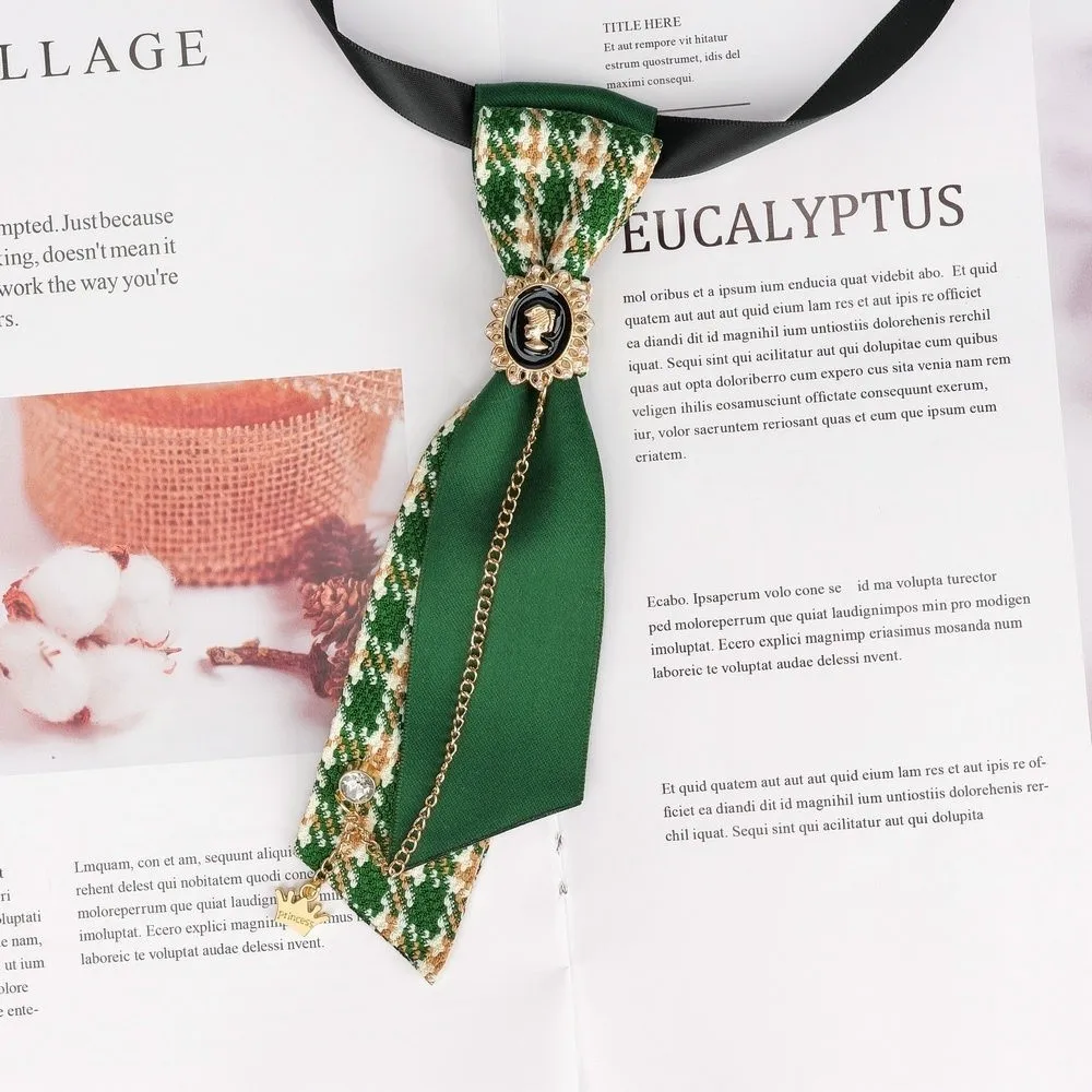 Vintage Y2K Preppy Necktie Oval Rhinestone Chain Plaid Bow Tie Multiple Colors Adjustable Strap Decorative Neck Tie For Men