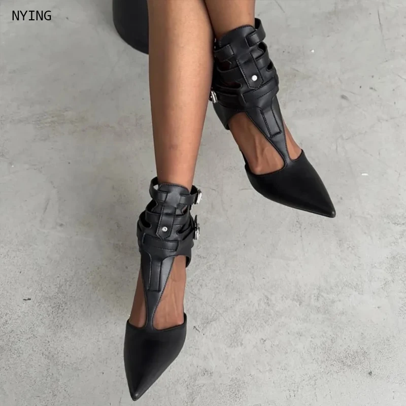 

2026 Leather T Strap Pumps Stiletto Thin Heel Sexy Pointed Toe Fashion Dress Shoes Multi-Buckle Cut Out Noverlty Shoes 44