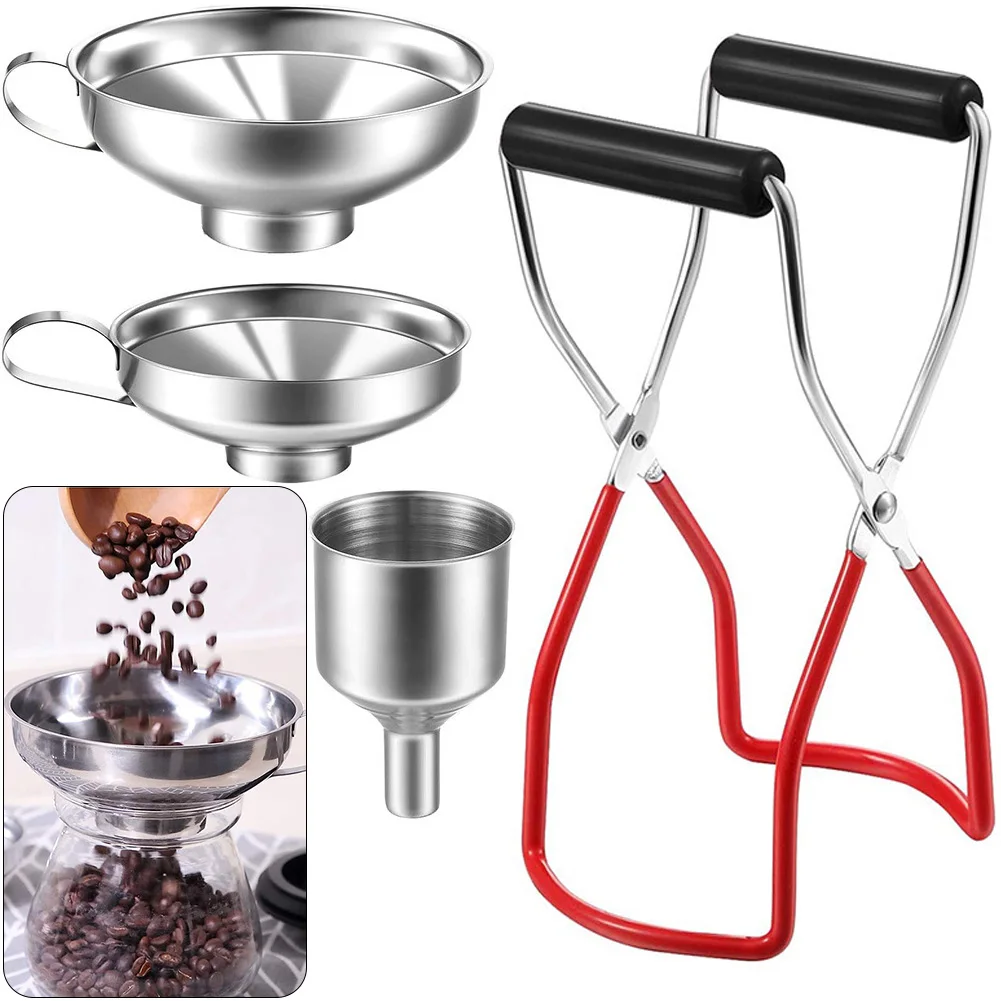 

4Pcs Canning Jar Lifter with Grip Handle Stainless Steel Filling Funnel Multi-purpose Can Tongs for Transferring Spices Liquids