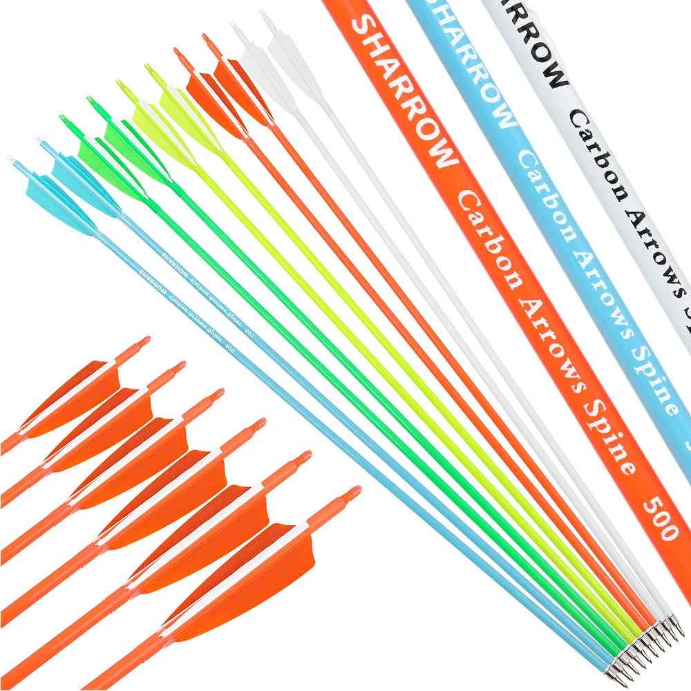 

6/12 шт. смешанные карбоновые стрелы, 100 зерен, целевая точка, позвоночник, 500, 600 валов, 4 дюйма, лук из натуральных перьев, стрельба на открытом воздухе, охота, практика