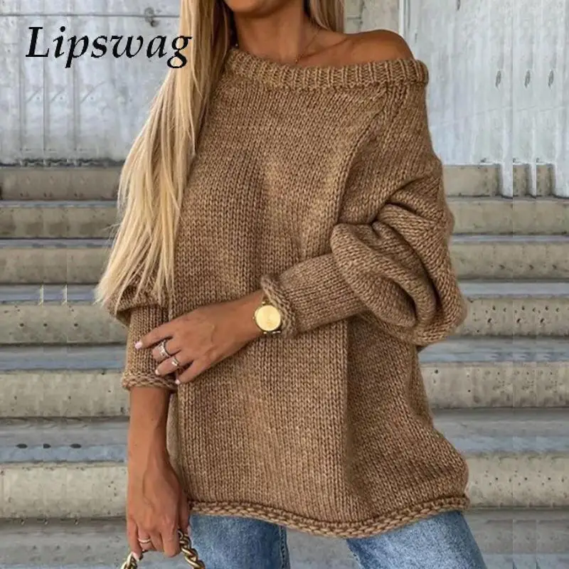 

Women 2024 Fashion One Shoulder Oversize Sweaters Ladies Fall Winter Long Sleeve Commuter Top Sexy Elegant Knit Crochet Sweater