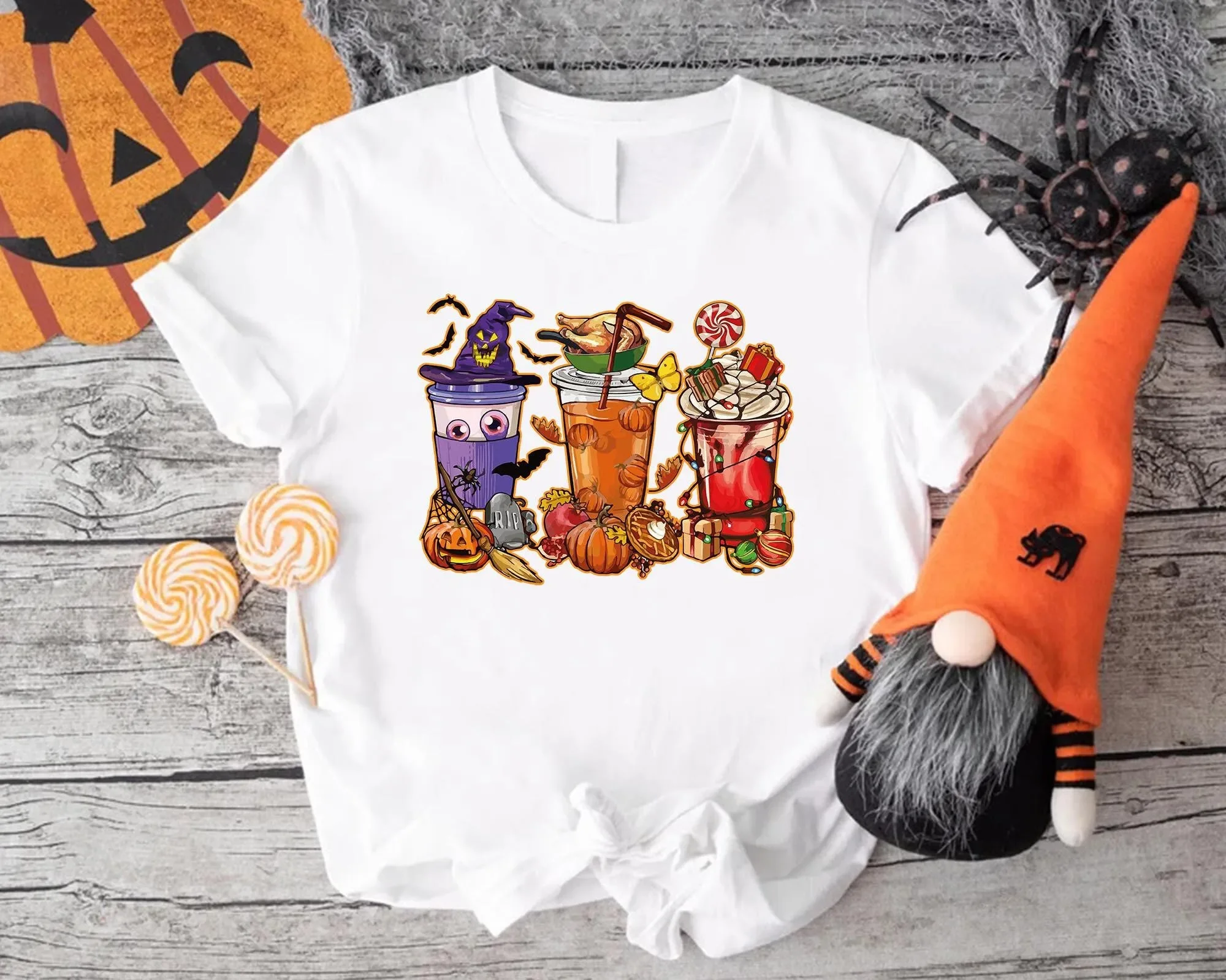 Happy Hallothanksmas Coffee Cups T Shirt Witch Hat Halloween Lover Pumpkin Season Thanksgiving Dinner Christmas