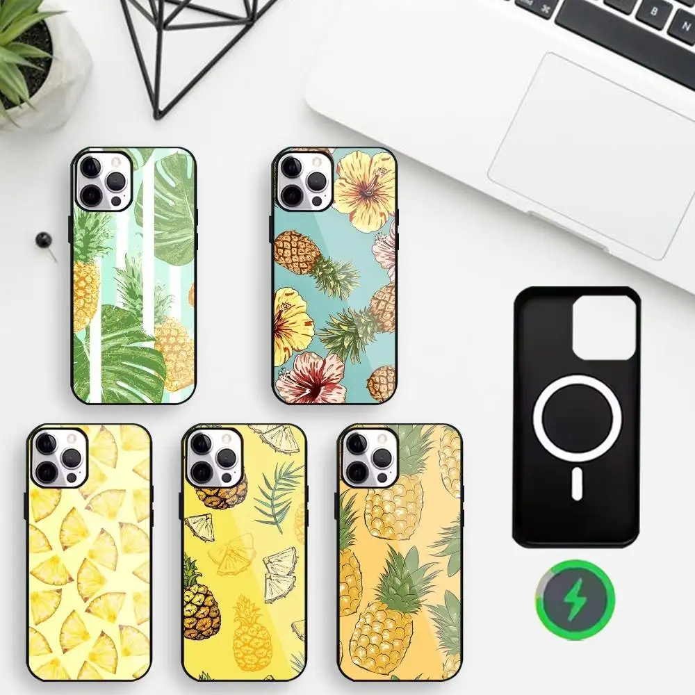 

Tropical Pineapple Collection Phone Case For iPhone17,16,15,14,13,12,11 Max Black Wireless Charging Protecitve Cover