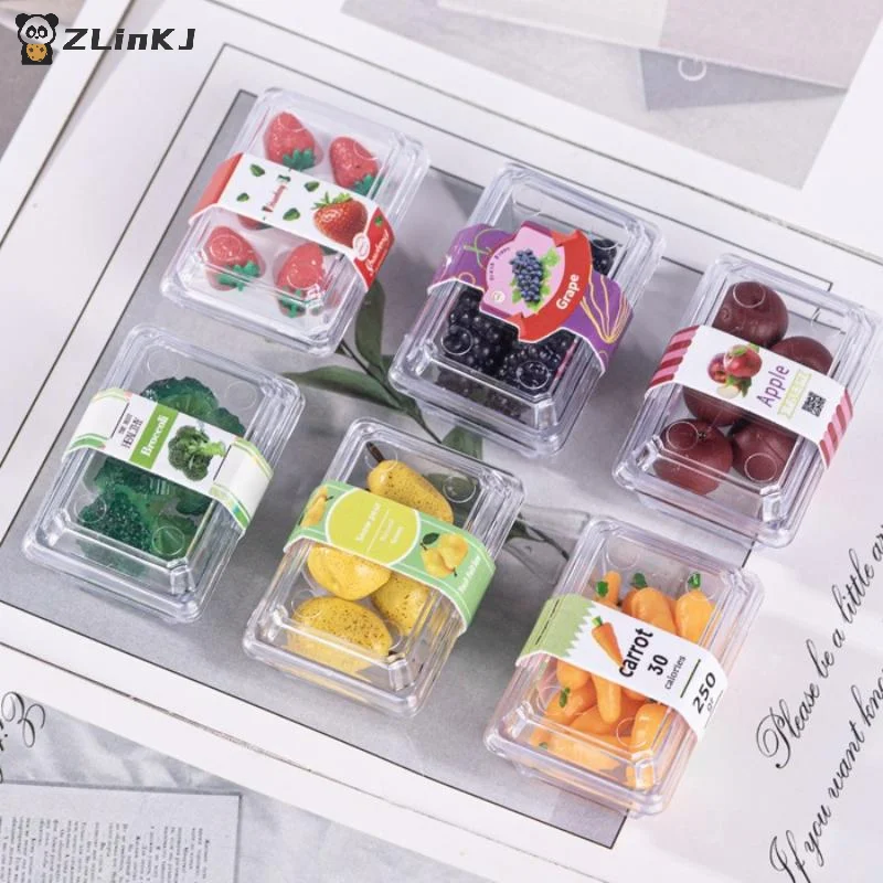 ▶1 Set Food Play Scene Decoration 1/12 Dollhouse Mini Vegetables And Fruits In Fresh-Keeping Boxes Doll Accessory Toy