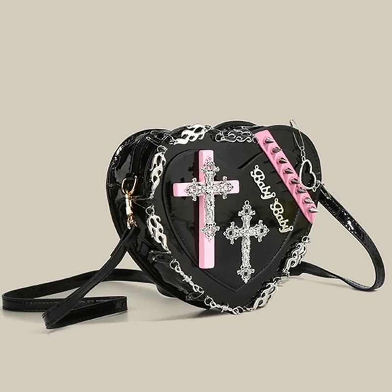 

Black Sweet Versatile Y2k Heart Gothic Style Spicy Girl Crossbody Bag Personalized Design Punk Lolita Little Girl Love Tote Bag