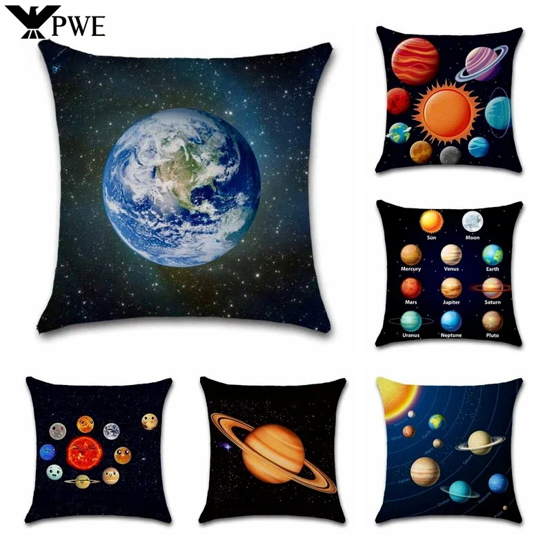 Solar System Eight Planets Pattern Linen Cushion Cover Living Room Bedroom Party Sofa Car Home Decorative Pillowcase 45x45cm