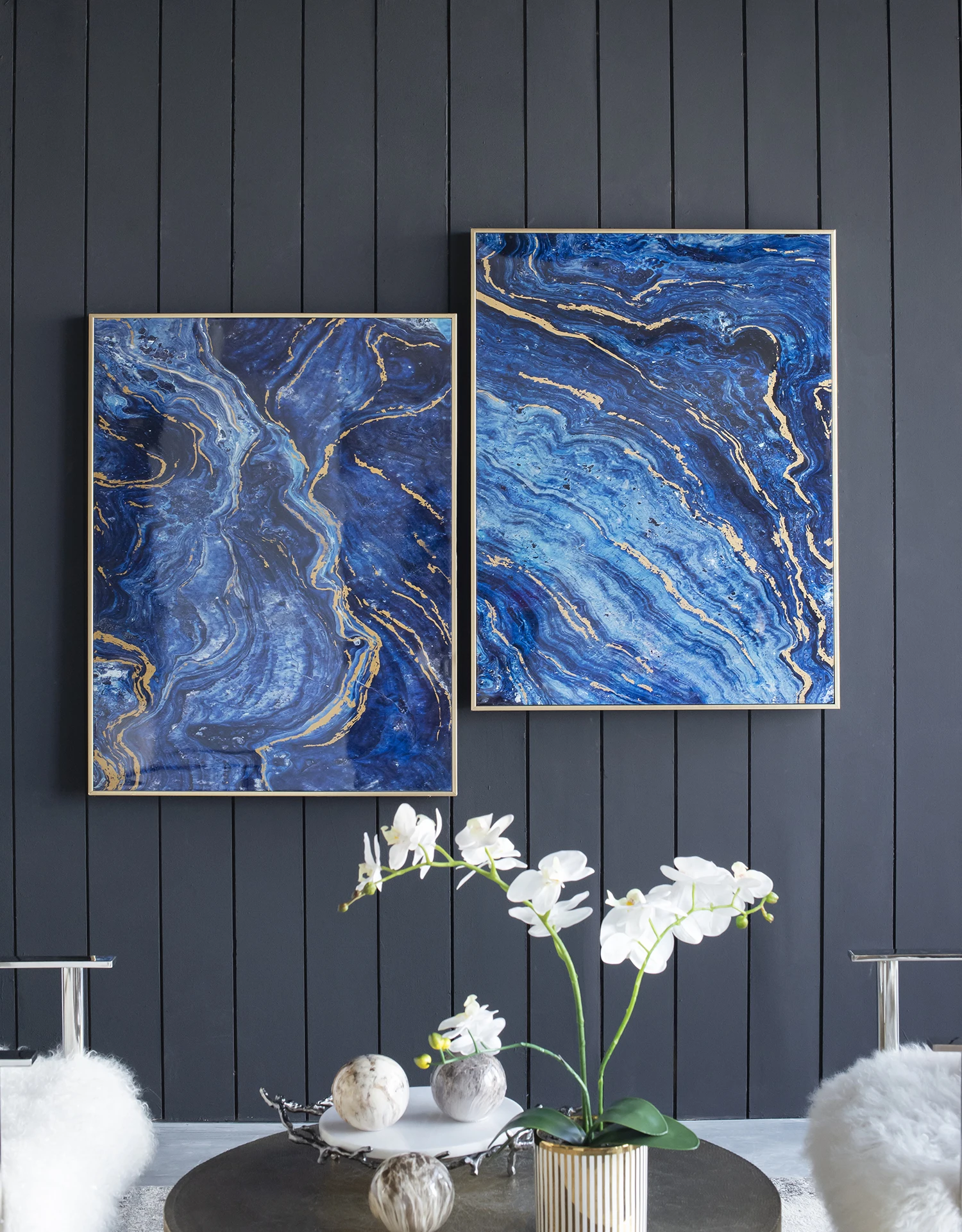 Set of 2 Blue and Gold Framed Art Panels, Unique Marbled Design, 30.5