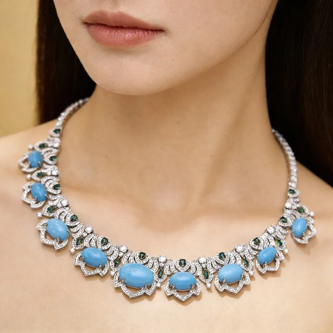 

Ayjewelry New Trendy High Craft Blue Turquoise Tennis Necklace Earrings Gold PLated Luxury Designer Jewelry Set For Women Party